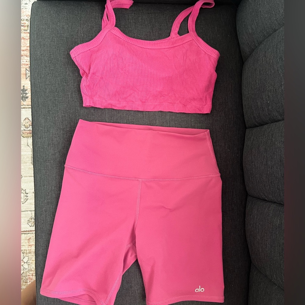 Alo super cute pink set w/. Crop tank and biker shorts size small